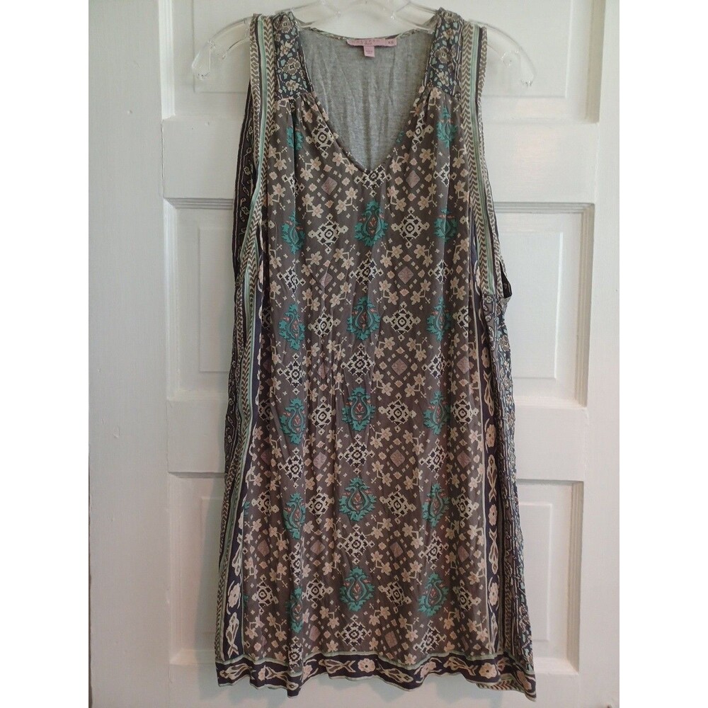 Calypso St. Barth gray print floaty silk mini dress XS layered knit lining boho